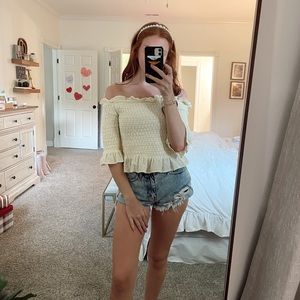 American Eagle Cream Ribbed Top with Ruffles
